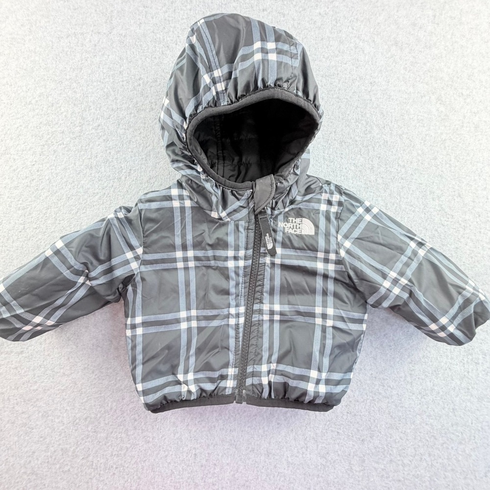 The North Face Kids Reversible Hooded Puffer Jacket Black Blue Plaid Infant